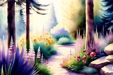 spring forest landscape watercolor flowers painting generative AI