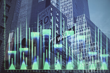 Forex chart on cityscape with tall buildings background multi exposure. Financial research concept.