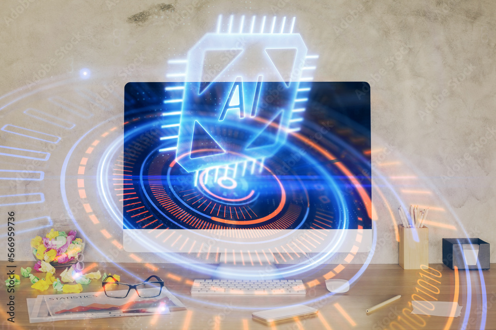 Poster Double exposure of table with computer on background and data theme hologram. Data technology concept.