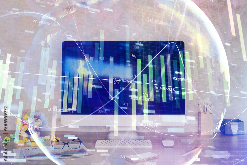 Poster Double exposure of business theme icons and work space with computer background. Concept of success.
