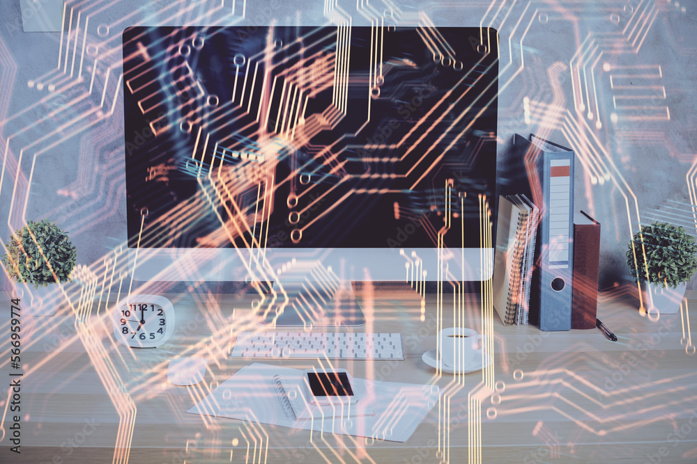 Poster computer on desktop in office with technology theme hologram. double exposure. tech concept.