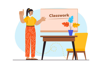 Concept Study time with people scene in the flat cartoon design. Teacher emphasizes the topic of the lesson, which is written on the whiteboard.