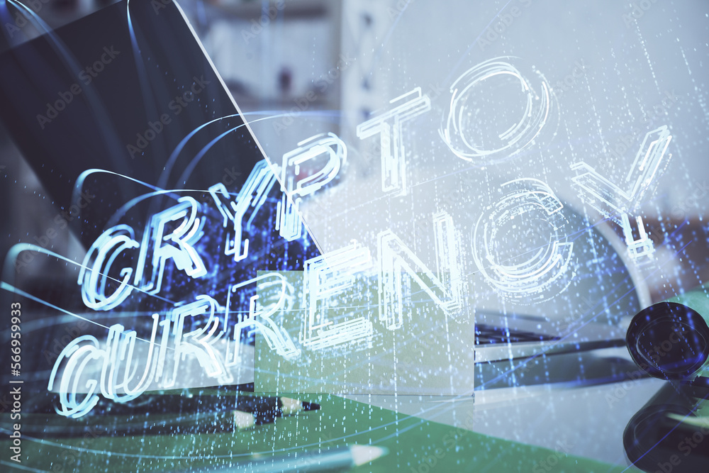 Poster Double exposure of blockchain and crypto economy theme hologram and table with computer background. Concept of bitcoin cryptocurrency.