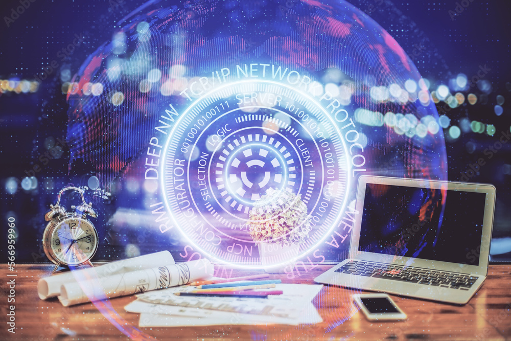 Poster computer on desktop in office with technology theme hologram. double exposure. tech concept.