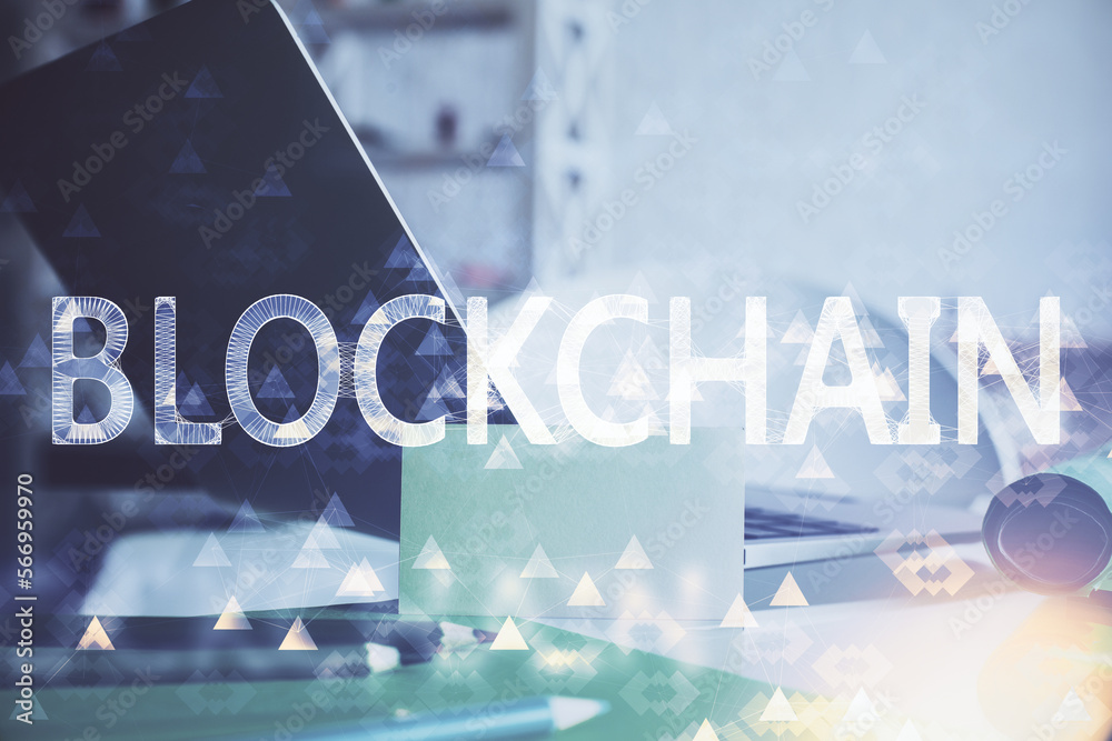 Poster Double exposure of blockchain and crypto economy theme hologram and table with computer background. Concept of bitcoin cryptocurrency.