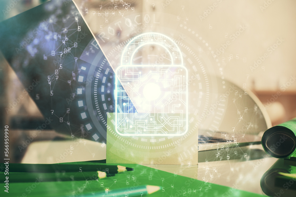 Poster Double exposure of desktop with computer and lock icon hologram. Concept of data safety.