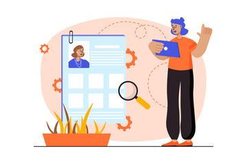 Job search orange concept with people scene in the flat cartoon style. Manager reviews the resumes of various candidates for a new position.