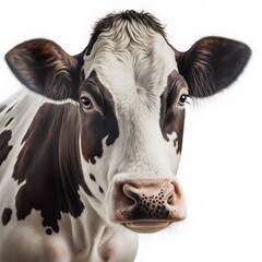 Beautiful cows on a white background. Farm Cow isolated on white, rural livestock black and white gentle surprised look, cattle portrait