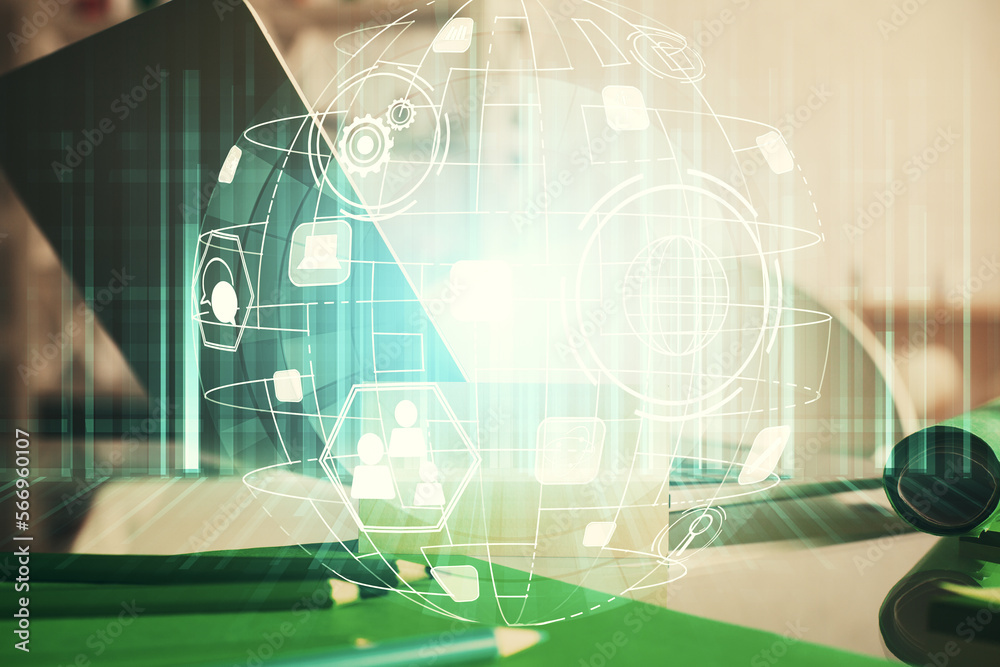 Poster computer on desktop with social network theme icon. multi exposure. concept of international connect