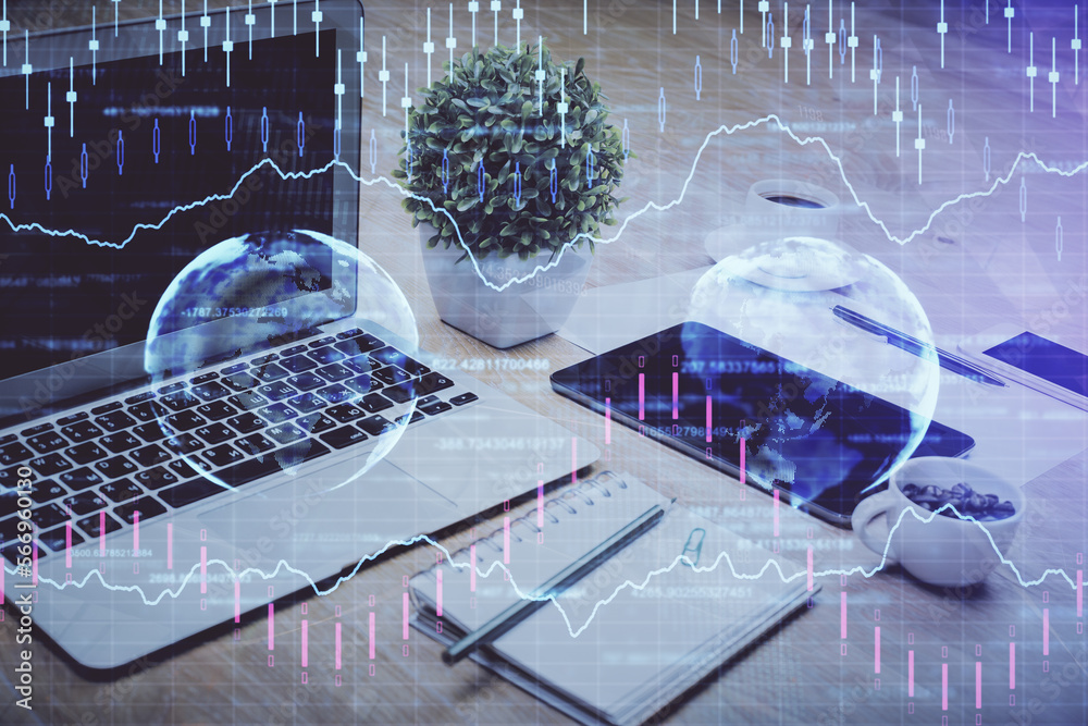 Aufkleber financial market graph hologram and personal computer on background. double exposure. concept of for