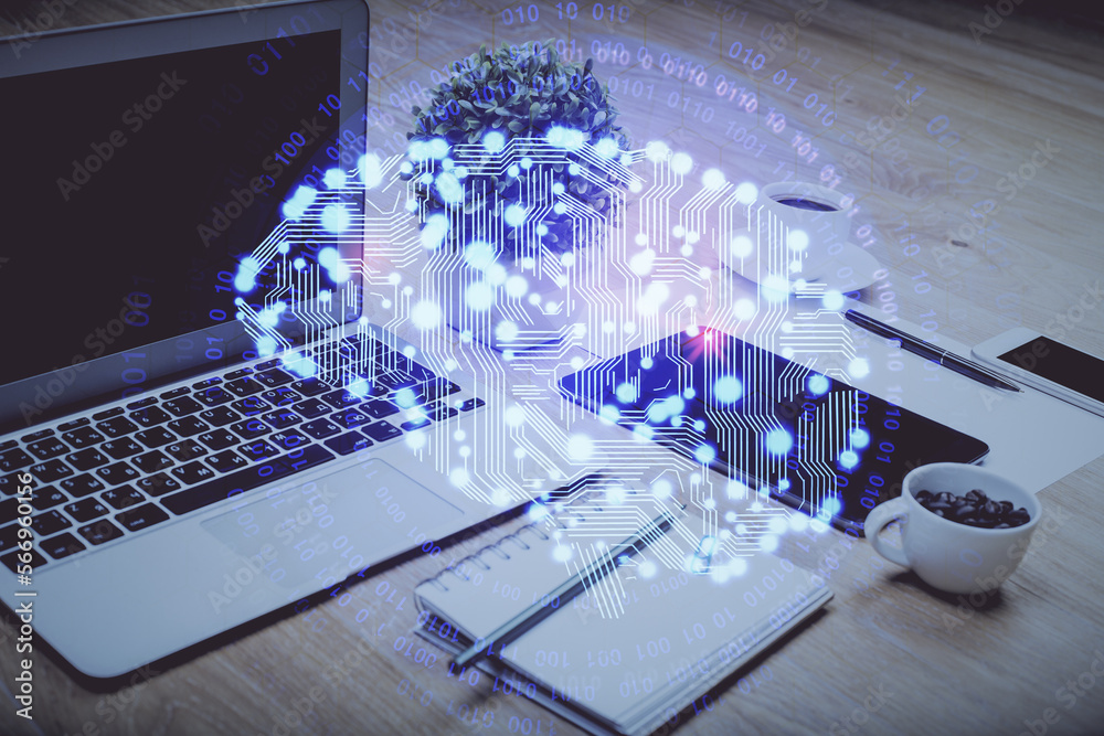 Poster double exposure of desktop with computer and brain drawing hologram. artificial intelligence concept