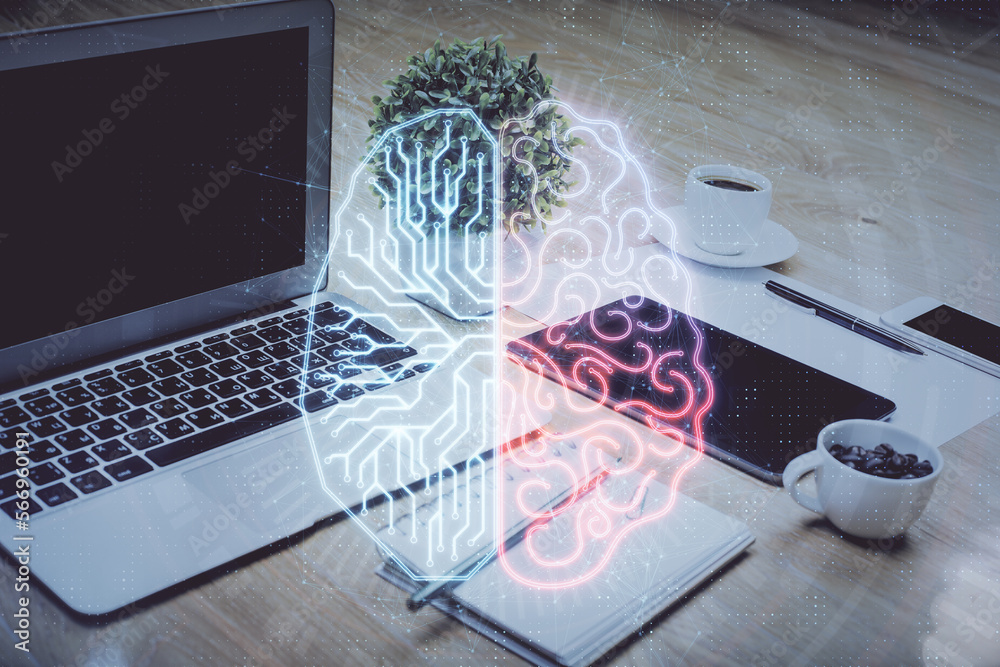 Aufkleber Double exposure of desktop with computer and brain drawing hologram. Artificial intelligence concept.