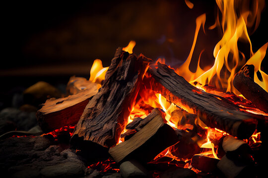 Nahaufnahme Lagerfeuer draussen. Holz, Flammen und Feuer. Generative Ai.