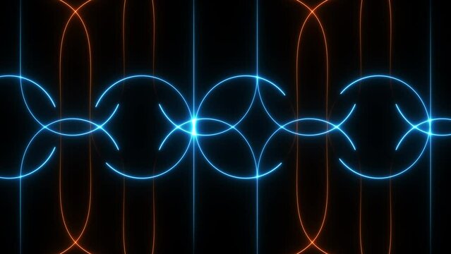 abstract neon laser lines geometry background with blue orange light rays futuristic motion graphic. Seamless looping video animation. 4K footage 3840x2160