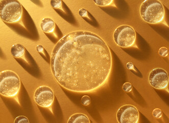 round transparent drop of clear gel serum on gold background
