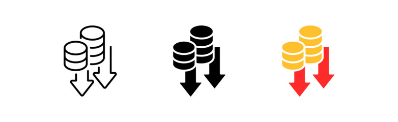 Losses icons set. Money, increase, capital, invest, negative growth, coins, arrow, business, work, chart, investment, shares, fund, trade, budget. finance concept. vector line icon in different styles