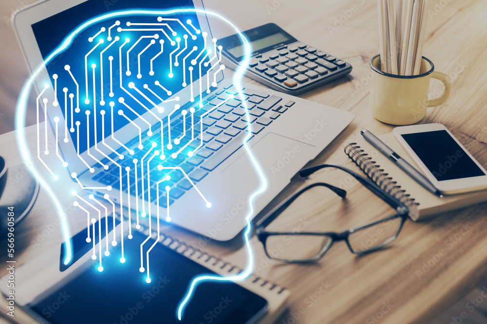 Poster double exposure of desktop with computer and brain drawing hologram. artificial intelligence concept