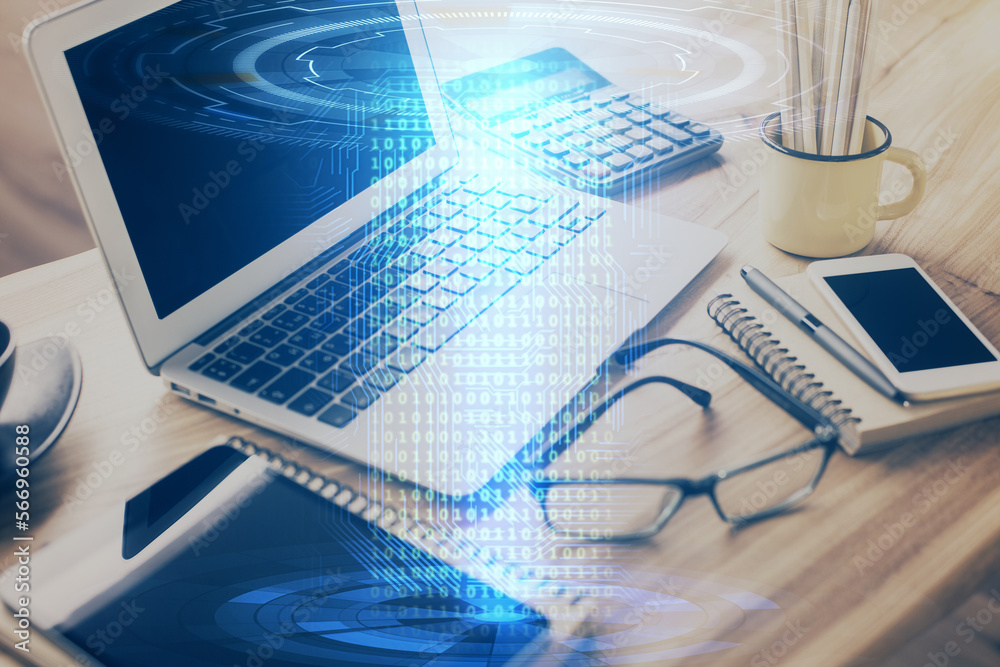 Poster Double exposure of table with computer on background and data theme drawing. Concept of innovation.