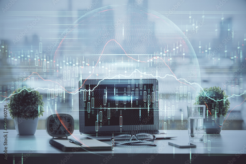 Aufkleber financial market graph hologram and personal computer on background. multi exposure. concept of fore