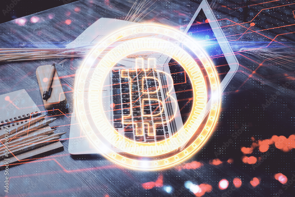 Poster Double exposure of blockchain and crypto economy theme hologram and table with computer background. Concept of bitcoin cryptocurrency.
