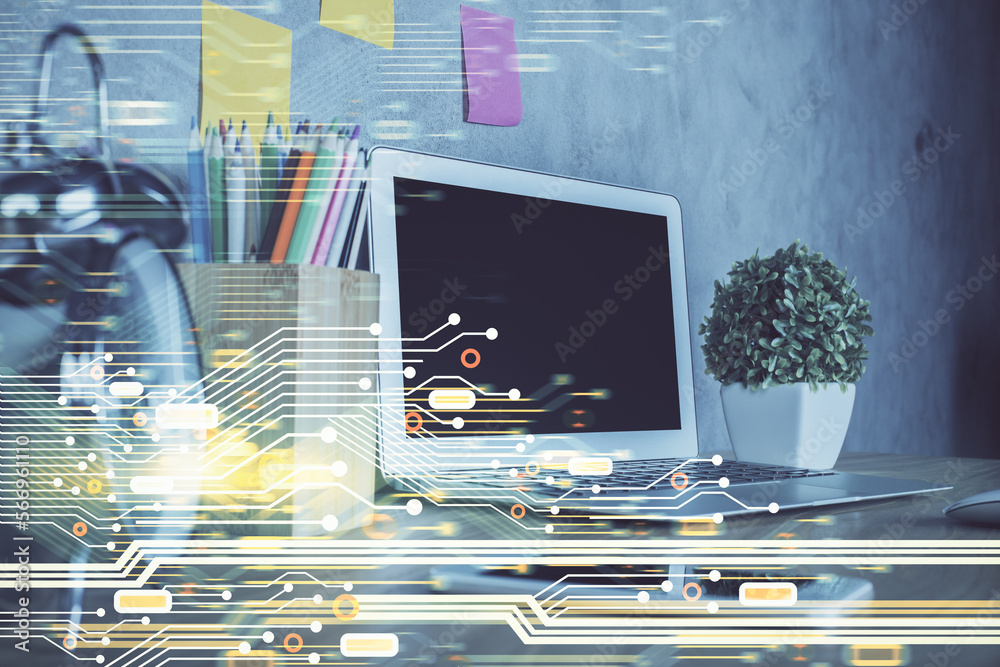 Poster Multi exposure of desktop with computer on background and tech theme drawing. Concept of big data.