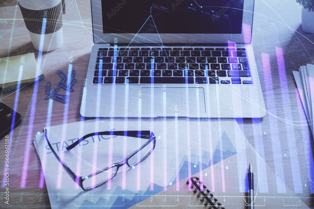 Poster financial market graph hologram and personal computer on background. multi exposure. concept of fore