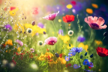 Keuken foto achterwand Geel Wild flowers on a flower meadow in spring. Generative AI.