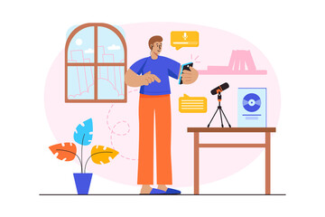 Podcast streaming pink concept with people scene in the flat cartoon design. Man download a newly recorded podcast to his smartphone.