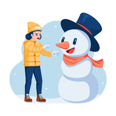 Happy Girl Playing with a Snowman