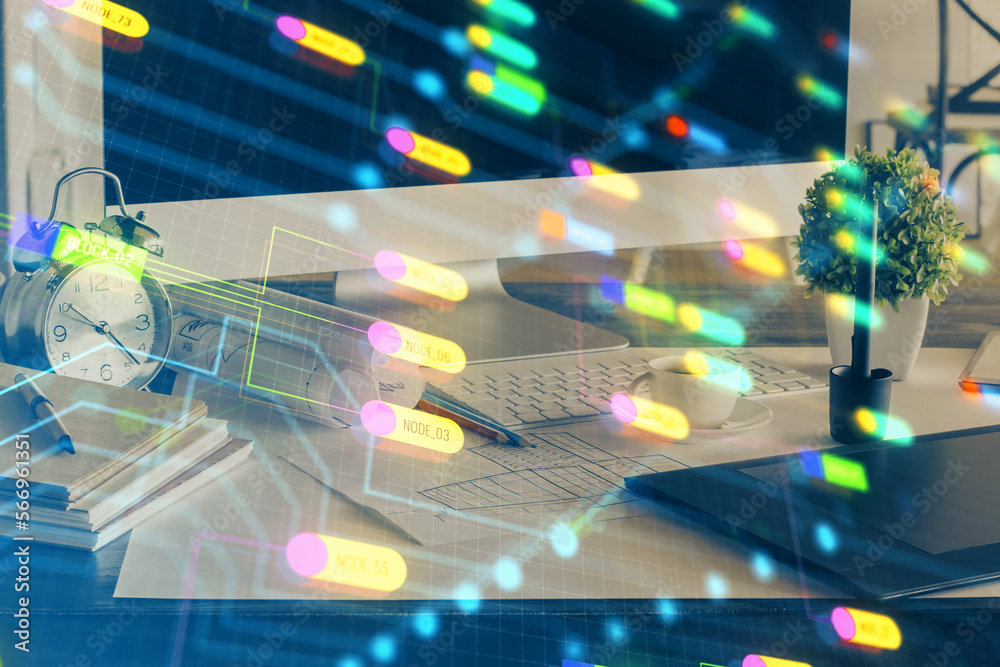 Poster Double exposure of desktop with computer on background and tech theme drawing. Concept of big data.