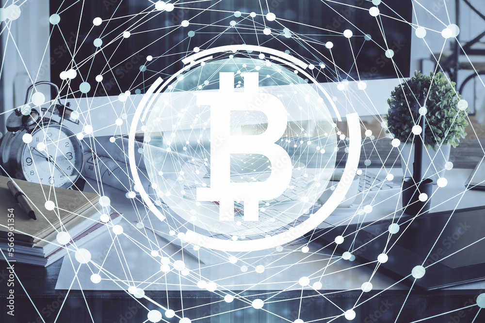 Aufkleber Multi exposure of blockchain and crypto economy theme hologram and table with computer background. Concept of bitcoin cryptocurrency.