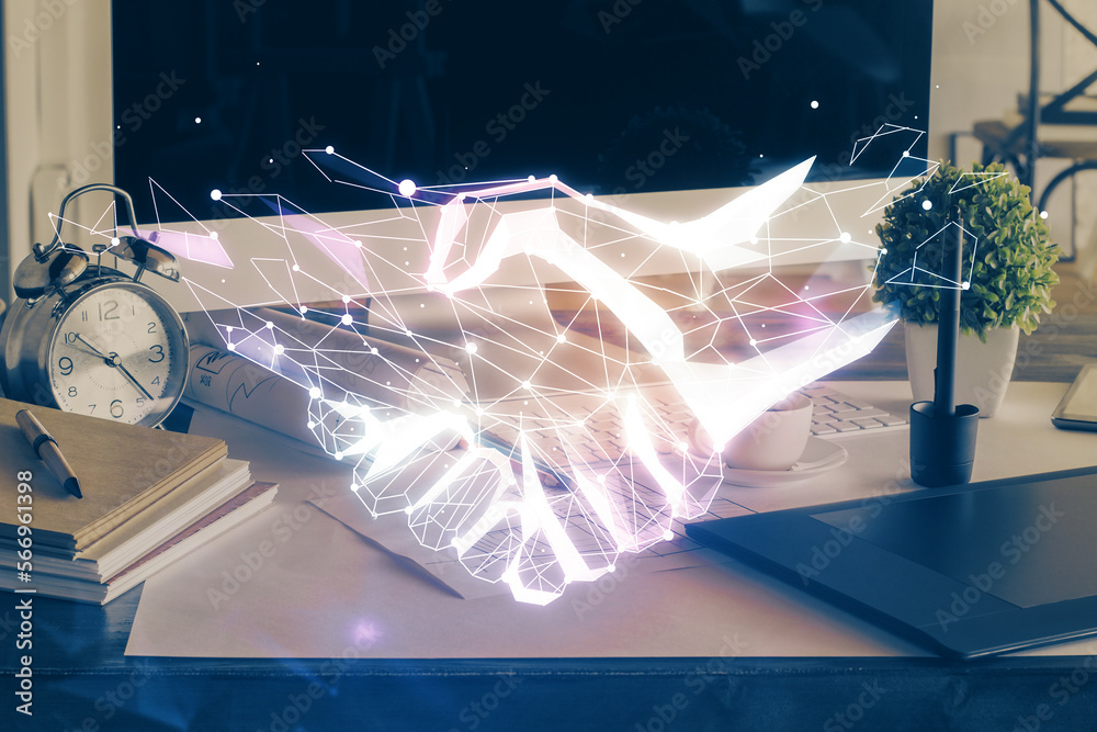 Poster desktop computer background in office and handshake hologram drawing. double exposure. pertnership c