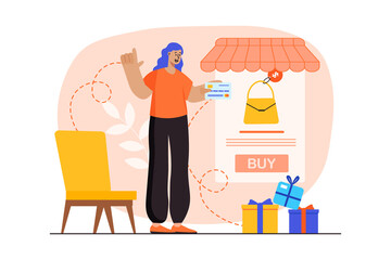 Orange concept Mobile commerce with people scene in the flat cartoon style. Girl wants to buy a bag and pay for it with a bank card.