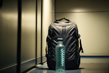 Fototapeta na wymiar Water bottle and gym bag in a locker room. Healthy drink. Hydration. Athletic drink. Energy drink. Sports beverage
