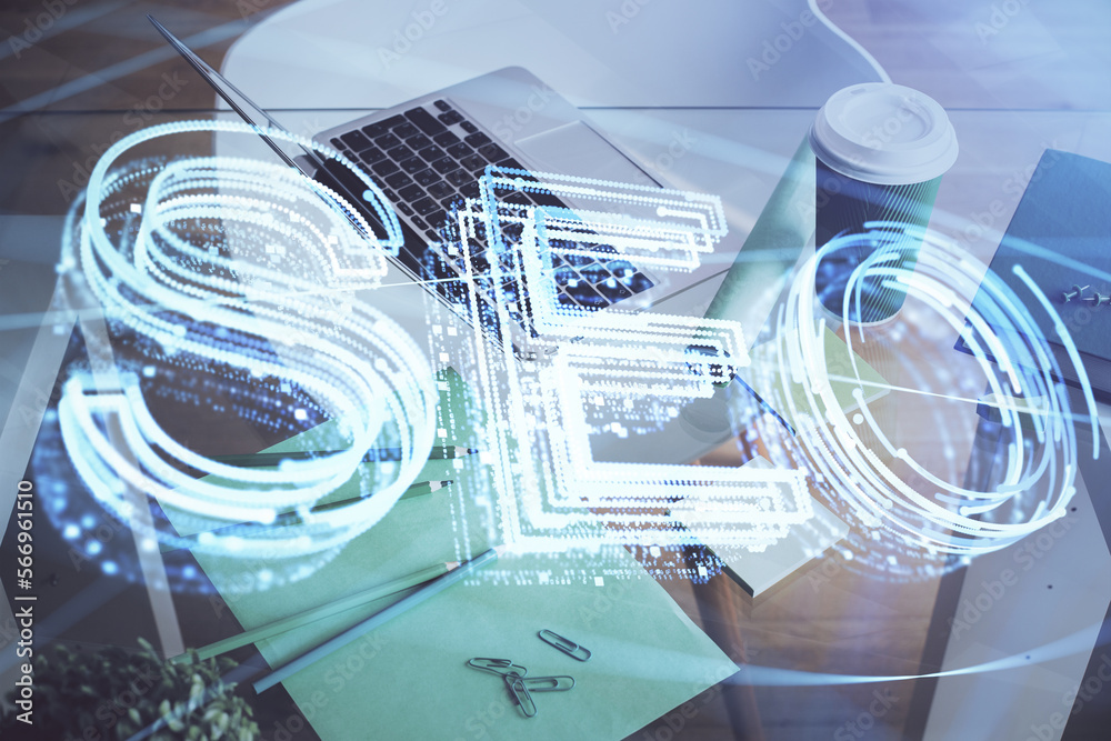 Poster Double exposure of table with computer and seo drawing hologram. Search optimization concept.