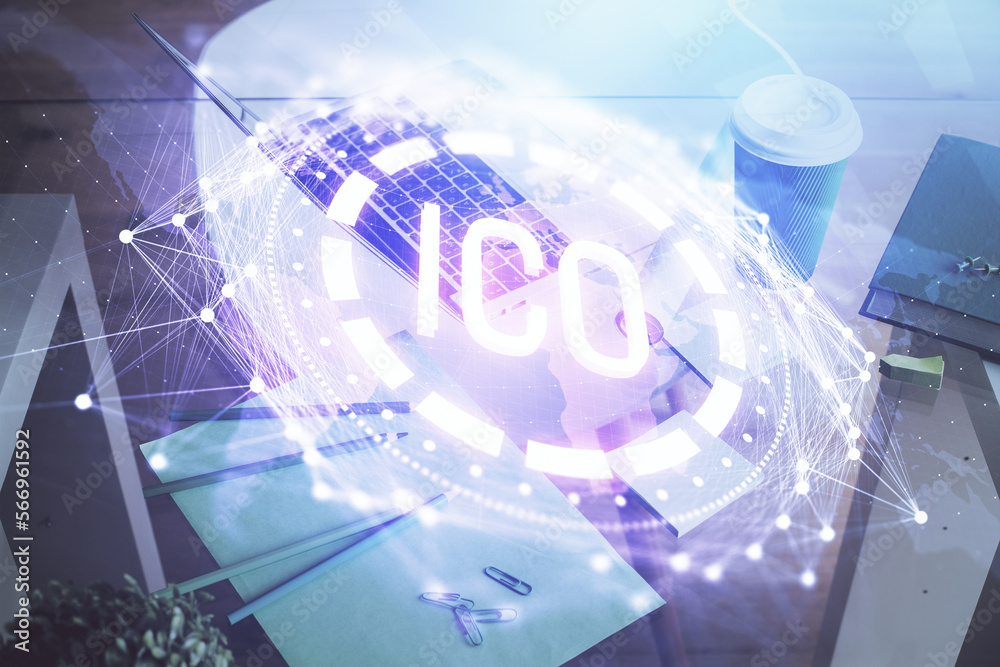 Aufkleber Multi exposure of blockchain and crypto economy theme hologram and table with computer background. Concept of bitcoin cryptocurrency.