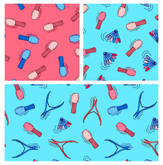 set doodle with seamless patterns with gel polish, nail tweezers. Bright vector poster for a beauty salon on a blue and pink background