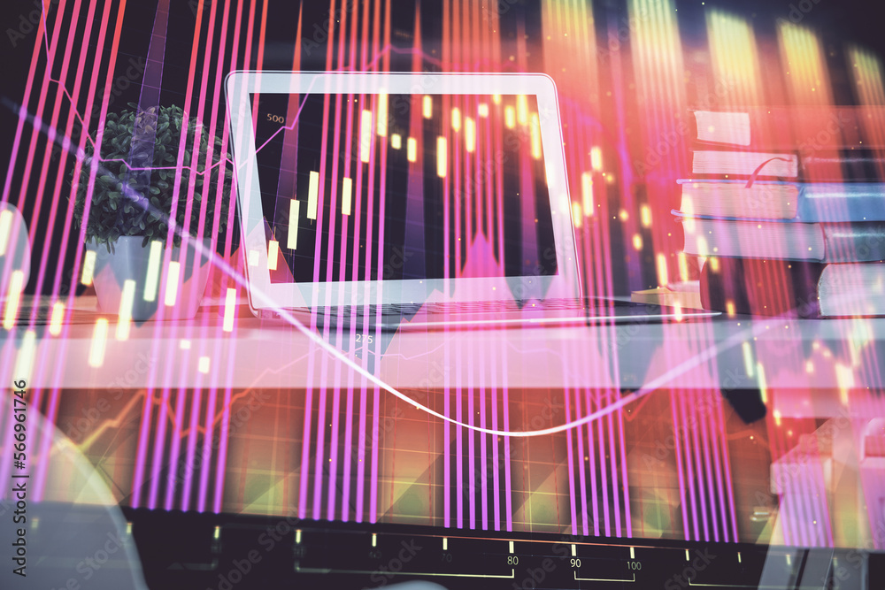 Poster Financial market graph hologram and personal computer on background. Double exposure. Concept of forex.