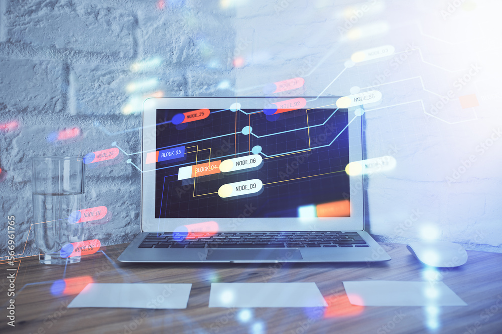 Poster Double exposure of desktop with personal computer on background and tech theme drawing. Concept of Bigdata.
