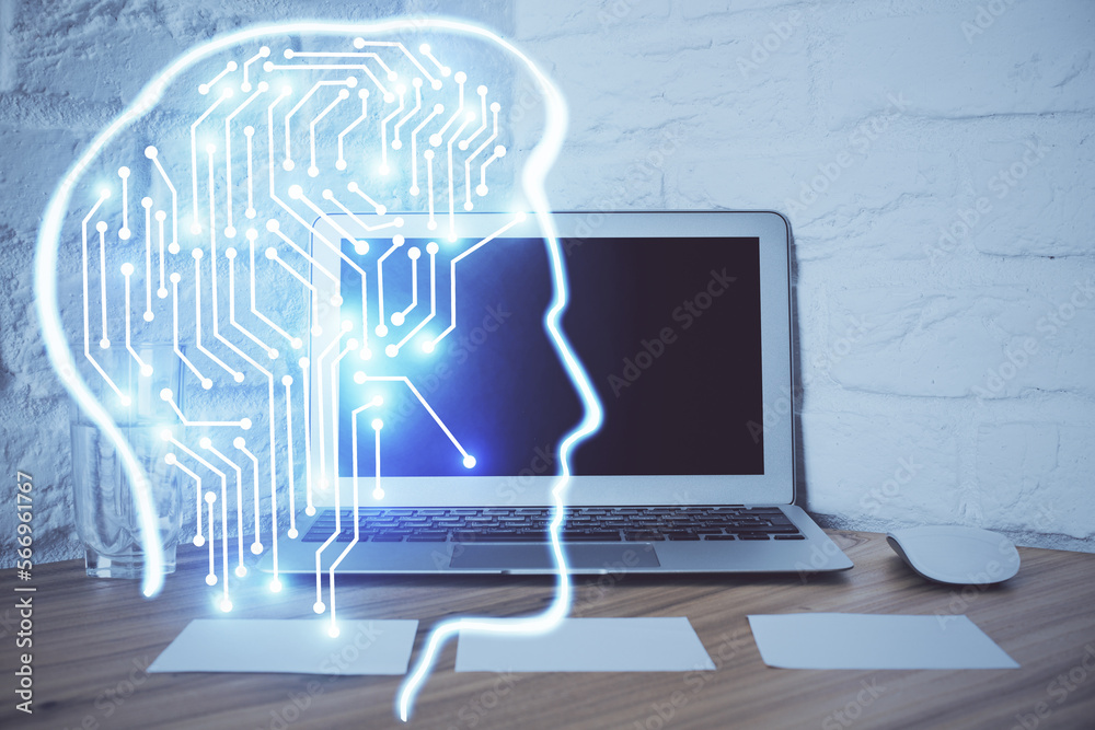 Aufkleber Double exposure of work space with computer and human brain drawing hologram. Brainstorm concept.