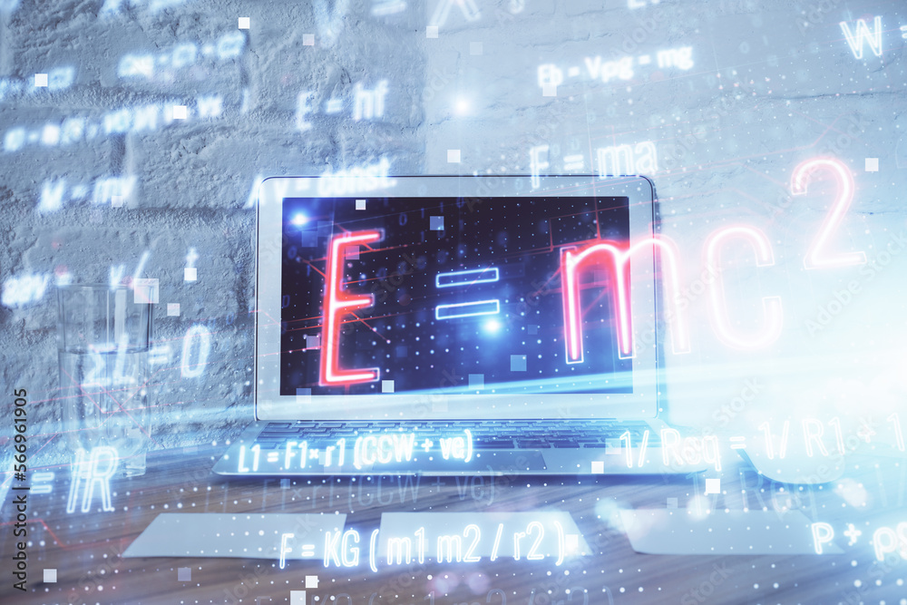 Poster desktop computer background and formula hologram writing. double exposure. education concept.