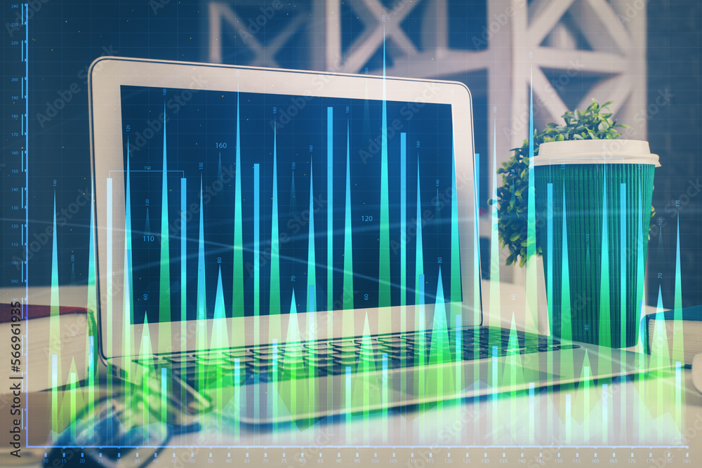 Poster financial market graph hologram and personal computer on background. multi exposure. concept of fore