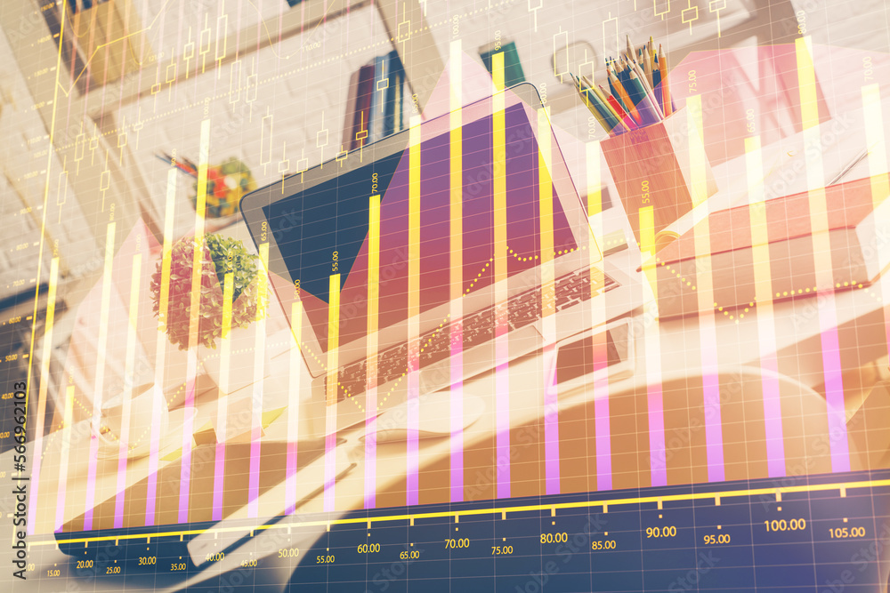 Aufkleber financial market graph hologram and personal computer on background. multi exposure. concept of fore