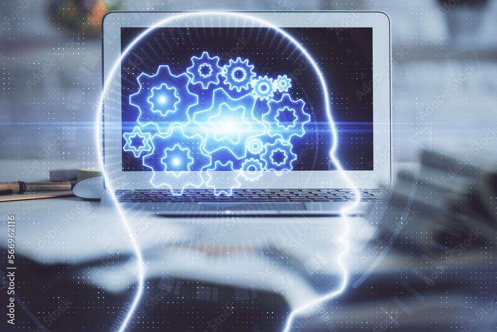 Aufkleber double exposure of work space with computer and human brain drawing hologram. brainstorm concept.