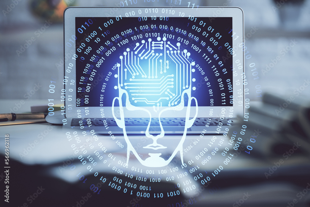 Aufkleber double exposure of work space with computer and human brain drawing hologram. brainstorm concept.