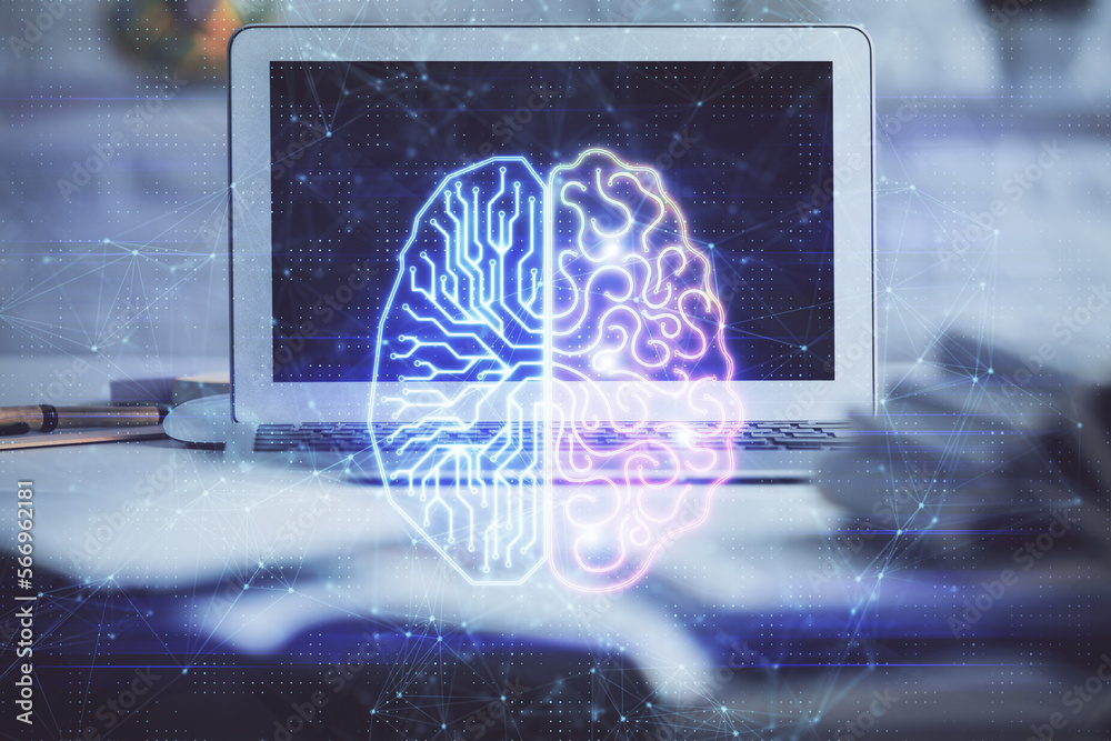 Poster Double exposure of work space with computer and human brain drawing hologram. Brainstorm concept.
