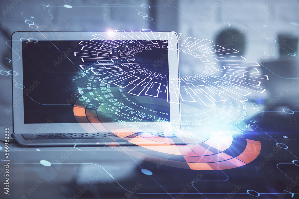 Aufkleber Multi exposure of desktop computer and technology theme hologram. Concept of software development.