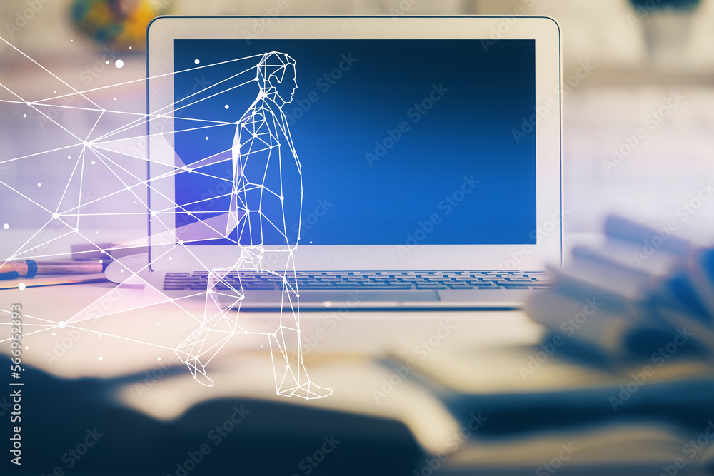 Poster desktop computer background in office and start up theme hologram drawing. double exposure. startup 