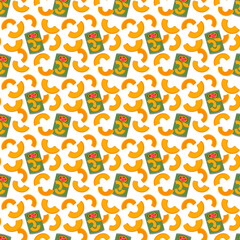 Seamless canned fruits pattern, Peach slices in tin background, Tinned food wallpaper, Cartoon Canned Food print, Bright background, Flat design style