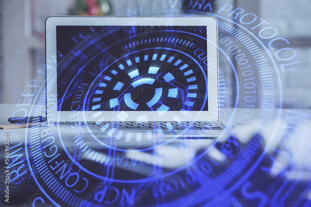 Poster Multi exposure of desktop computer and technology theme hologram. Concept of software development.
